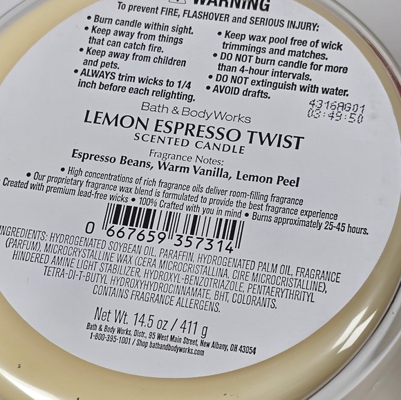Bath & Body Works Lemon Espresso Twist 3 Wick  Candle Nwt - Picture 5 of 5